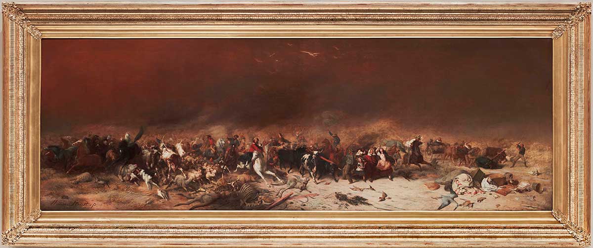 Oil painting depicting scenes of disaster with people and animals fleeing from thick black smoke. Corpses and bones of animals can be seen in the foreground.
