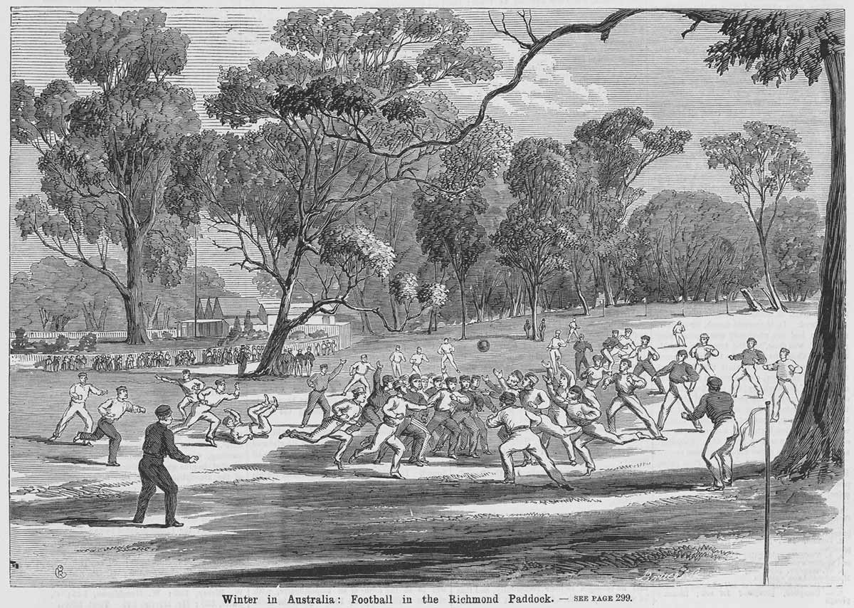 Black and white illustration depicting a football match in a bushland setting. In the background, spectators line the edges of a fenced oval. Printed at the bottom is ‘Winter in Australia: Football in the Richmond Paddock – SEE PAGE 299.’