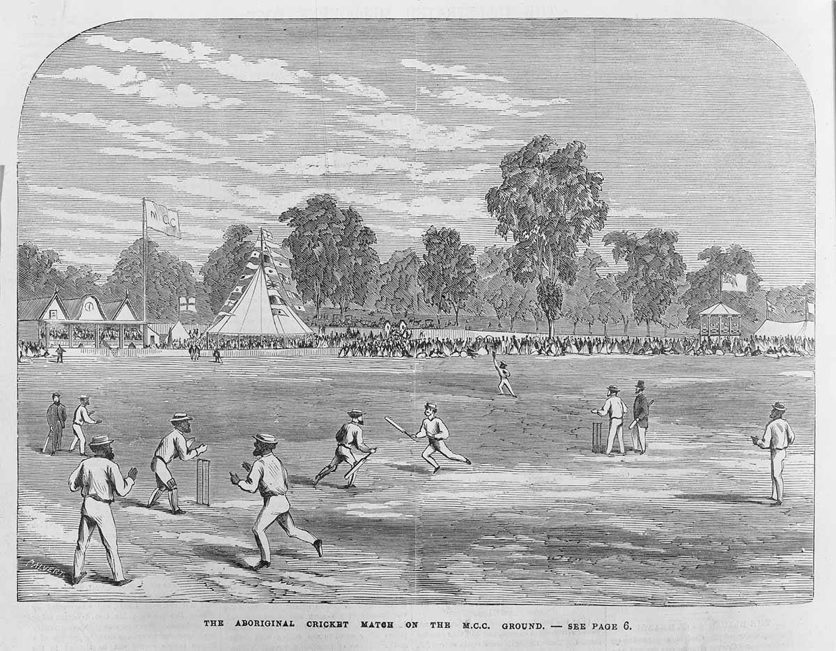 Black and white illustration of a cricket match in action. In the distance is a large crowd of people on the sidelines and a flag with the initials M.C.C. Underneath is printed ‘THE ABORIGINAL CRICKET MATCH ON THE M.C.C. GROUND – SEE PAGE 6.’