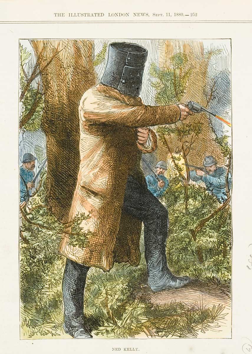 Coloured illustration featuring a scene of a shoot out between Ned Kelly and police officers in bush land.