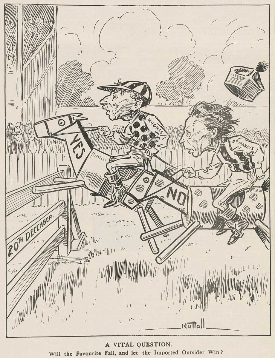 Illustration depicting two men with the bodies of jockeys riding horses fabricated from various materials. One horse has the text 'YES' printed on its neck and the other with 'NO'. 