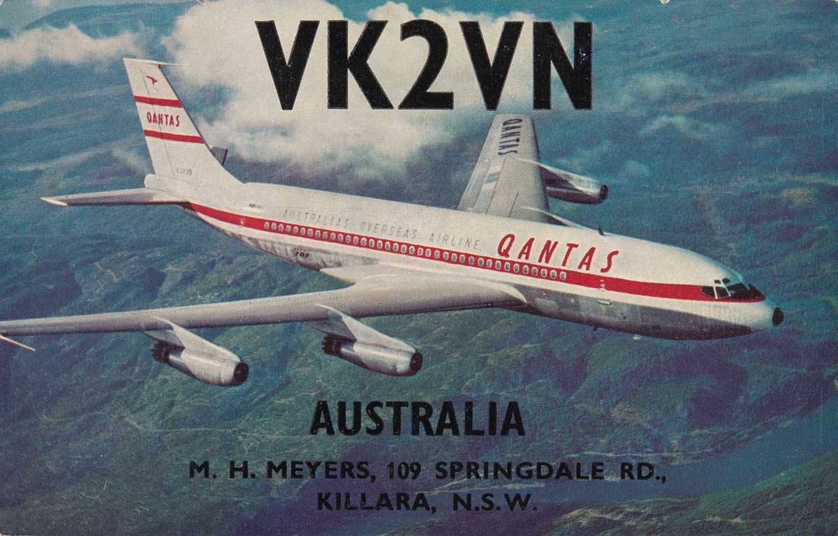 Coloured postcard by M.H Meyers of Killara NSW, featuring a Qantas Boeing 707 aeroplane in flight.
