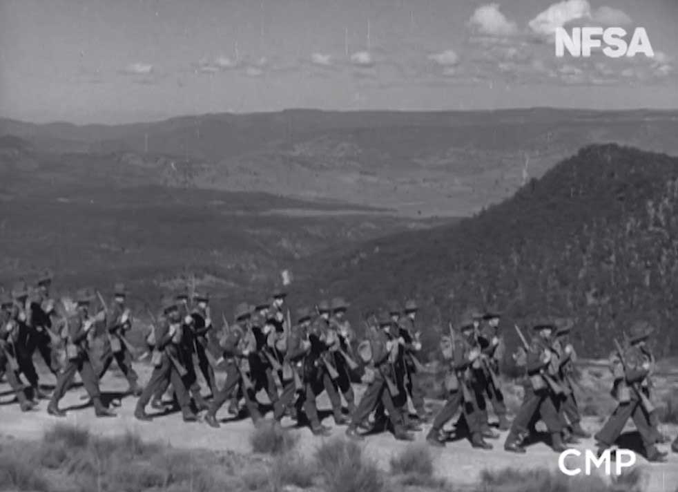 Video still from Australian Imperial Force on the trail of the crossing of the Blue Mountains (1940).
