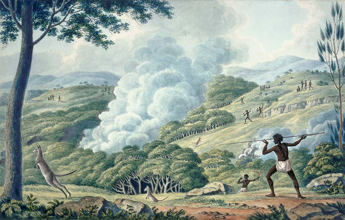 Painting depicting First Nations people hunting kangaroos. Billowing smoke is rising from bushland.