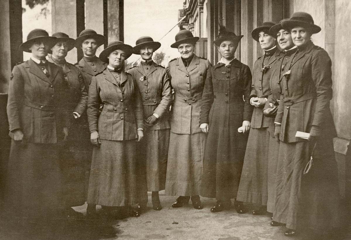 <p>A group of Australian Army nurses about to leave for Salonica, Greece, 14 June 1917</p>
