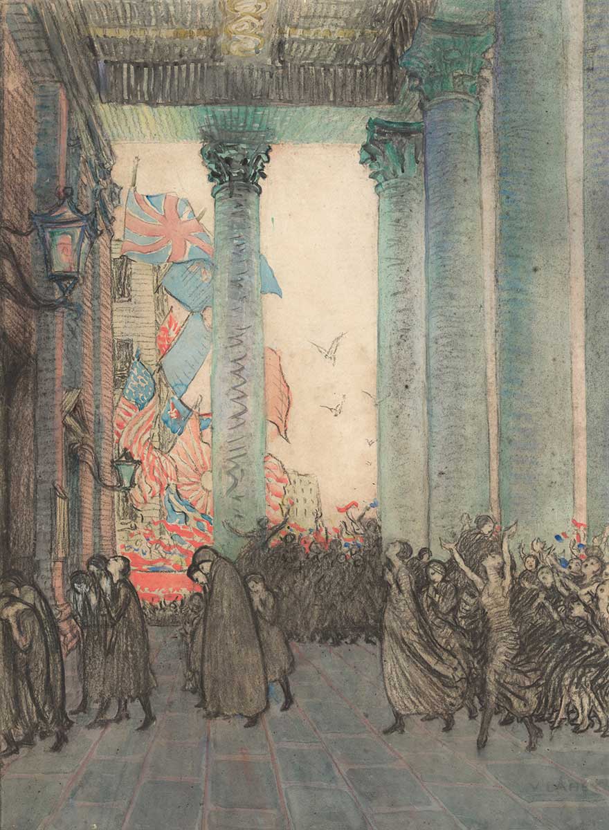 Drawing depicting crowds of people in a grand building with cathedral ceilings, Corinthian columns and a mural featuring the British flag amongst other flags. Some of the people appear downcast while others are rejoicing.