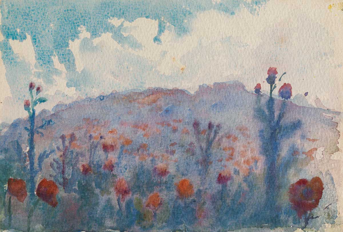 Water colour featuring a washed out landscape with red flowers and a hill in the distance.