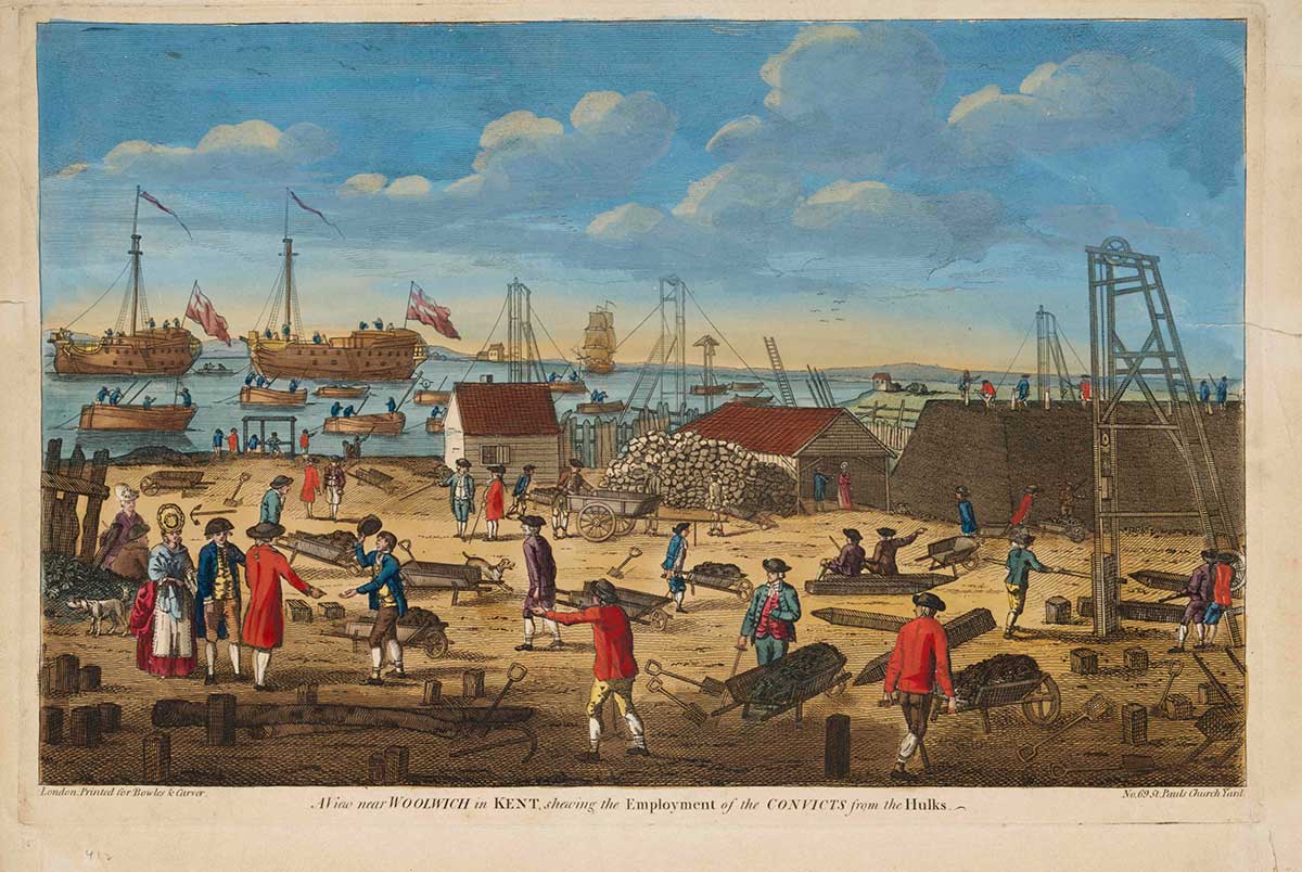 Coloured illustration depicting a port filled with ships and boats on the water, and men and women on the shoreline. There are various trade buildings on the shoreline, and what appears to be a wall or building being constructed.