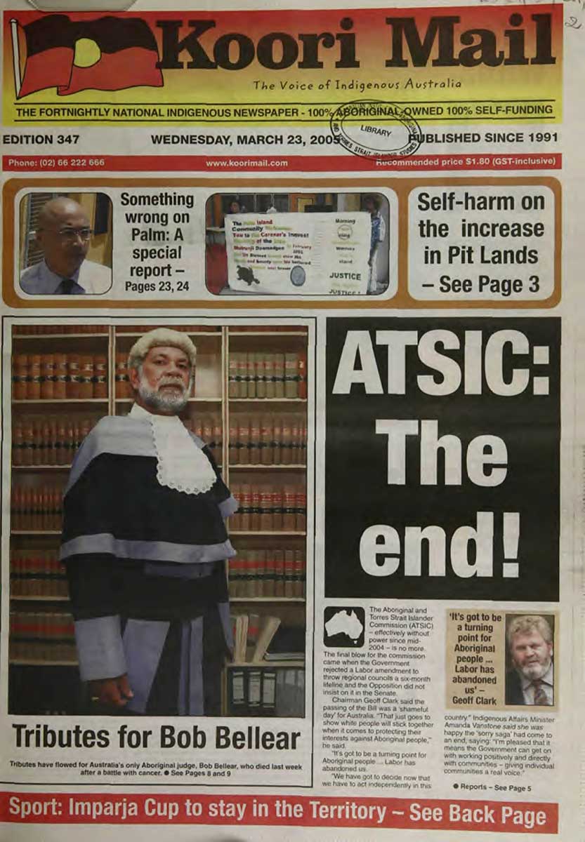 Front page of the Koori Mail newspaper, dated 23 March 2005. There are a couple of articles including a report on the abolition of ATSIC.