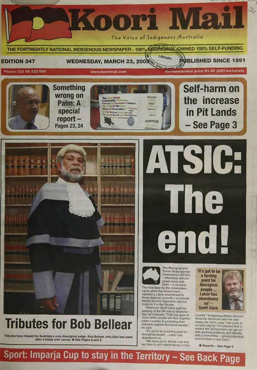 <p>Front page of the <em>Koori Mail</em> newspaper, featuring a report on the abolition of ATSIC, 23 March 2005</p>