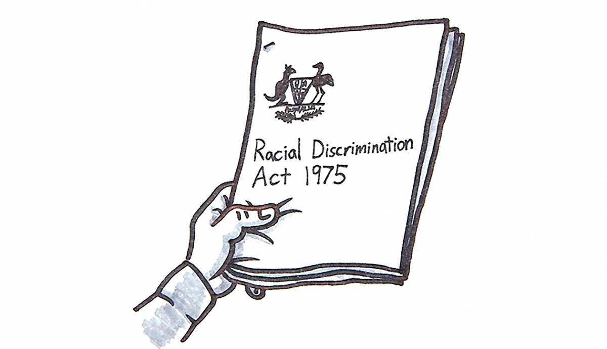 Illustration of a hand holding the Racial Discrimination Act 1975.