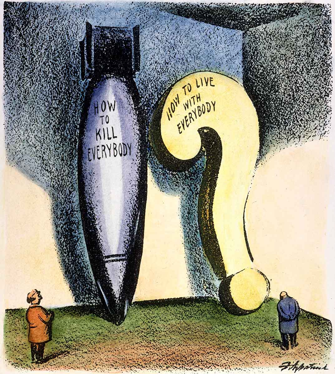 Cartoon depicting two men peering up at a giant bomb printed with the text 'HOW TO KILL EVERYBODY' and a giant question mark with the text 'HOW TO LIVE WITH EVERYBODY'.