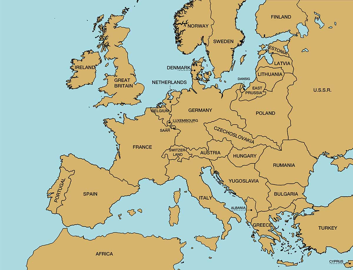 Map of Europe and the top of Africa.