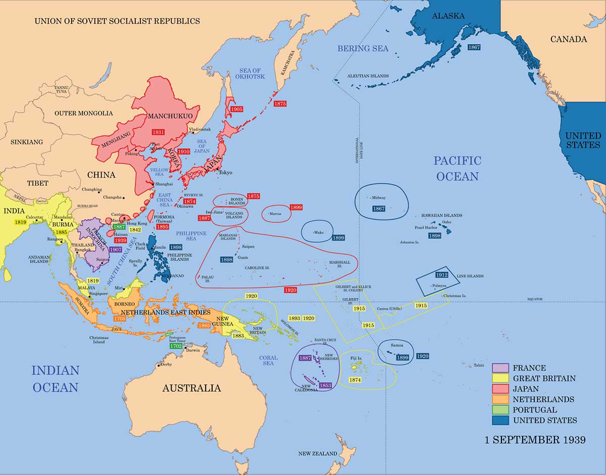 A colour-coded map of the world showing countries colonised by France, Great Britain, Japan, Netherlands, Portugal and the United States. The map is dated 1 September 1939.