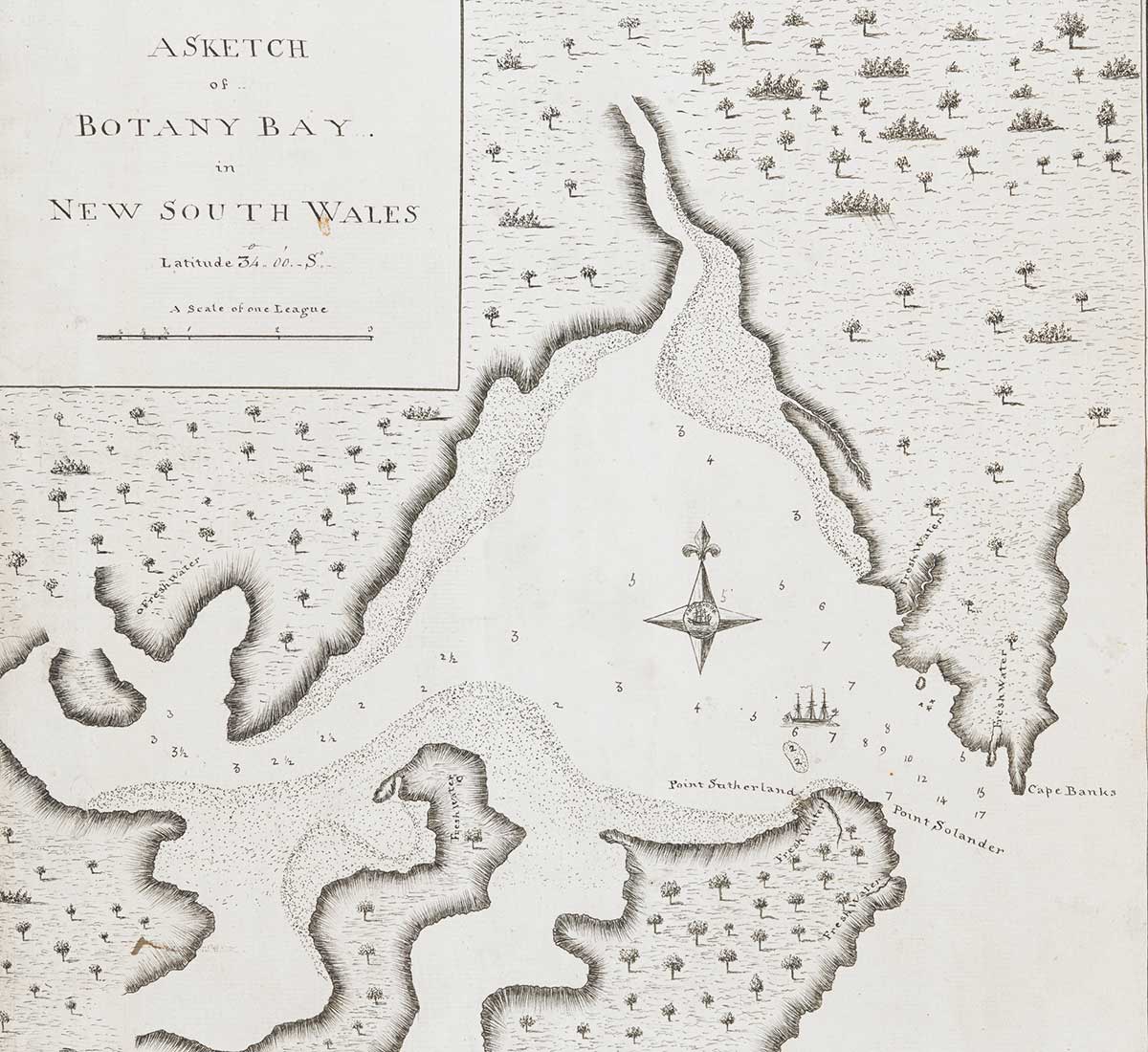 Map of Botany Bay depicting a sailing ship at the entrance to the sea.