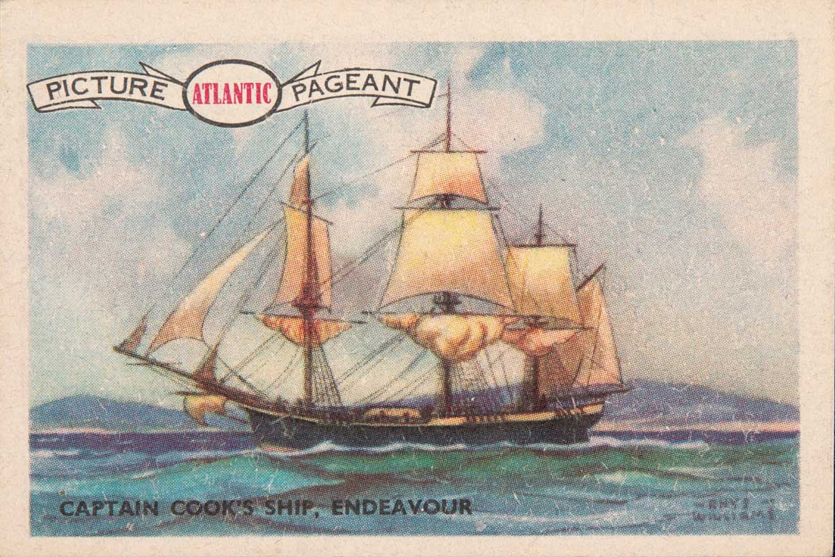 A swap card featuring a colour picture of a ship and the text 'CAPTAIN COOK'S SHIP, ENDEAVOUR' printed along the bottom.