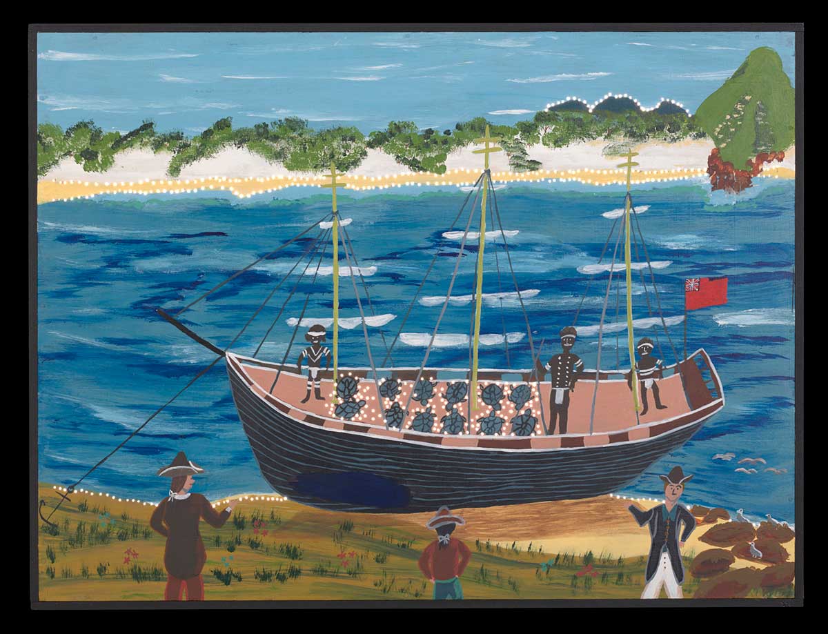 Painting depicting a boat with three masts docked on the shoreline. On deck are three First Nations people standing around twelve turtles. On shore are three men in uniform.