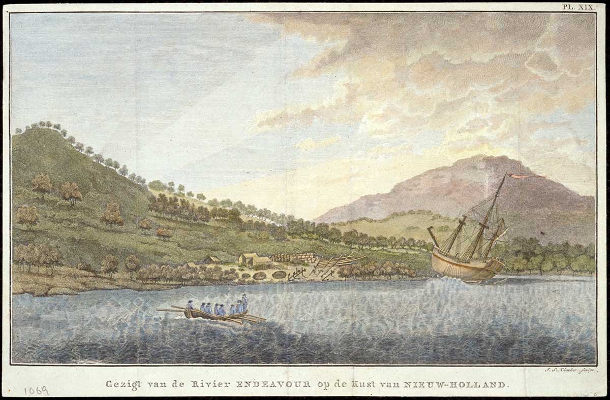 Coloured illustration of a row boat carrying eight people, in a bay. Beyond is a ship with three-masts that appears to be moored on the shoreline, and a small encampment nearby.