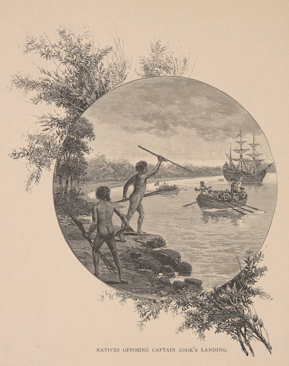 An illustration depicting two naked men overlooking a bay. They are carrying spears and gesturing towards two row boats in the distance carrying soldiers. Further beyond is a sailing ship with three masts.
