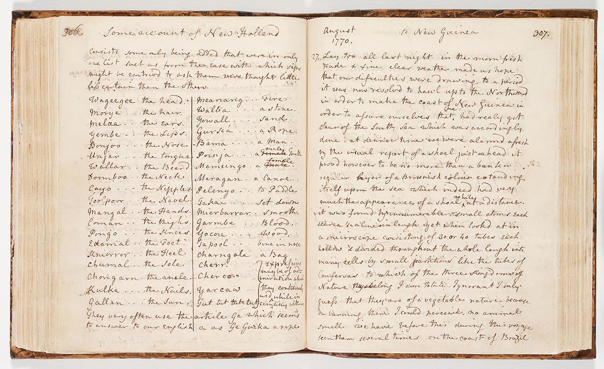 An open book featuring hand written script. At the top of the first page is the text 'Some account of New Holland' and 'to New Guinea' on the second. It is dated August 1770.
