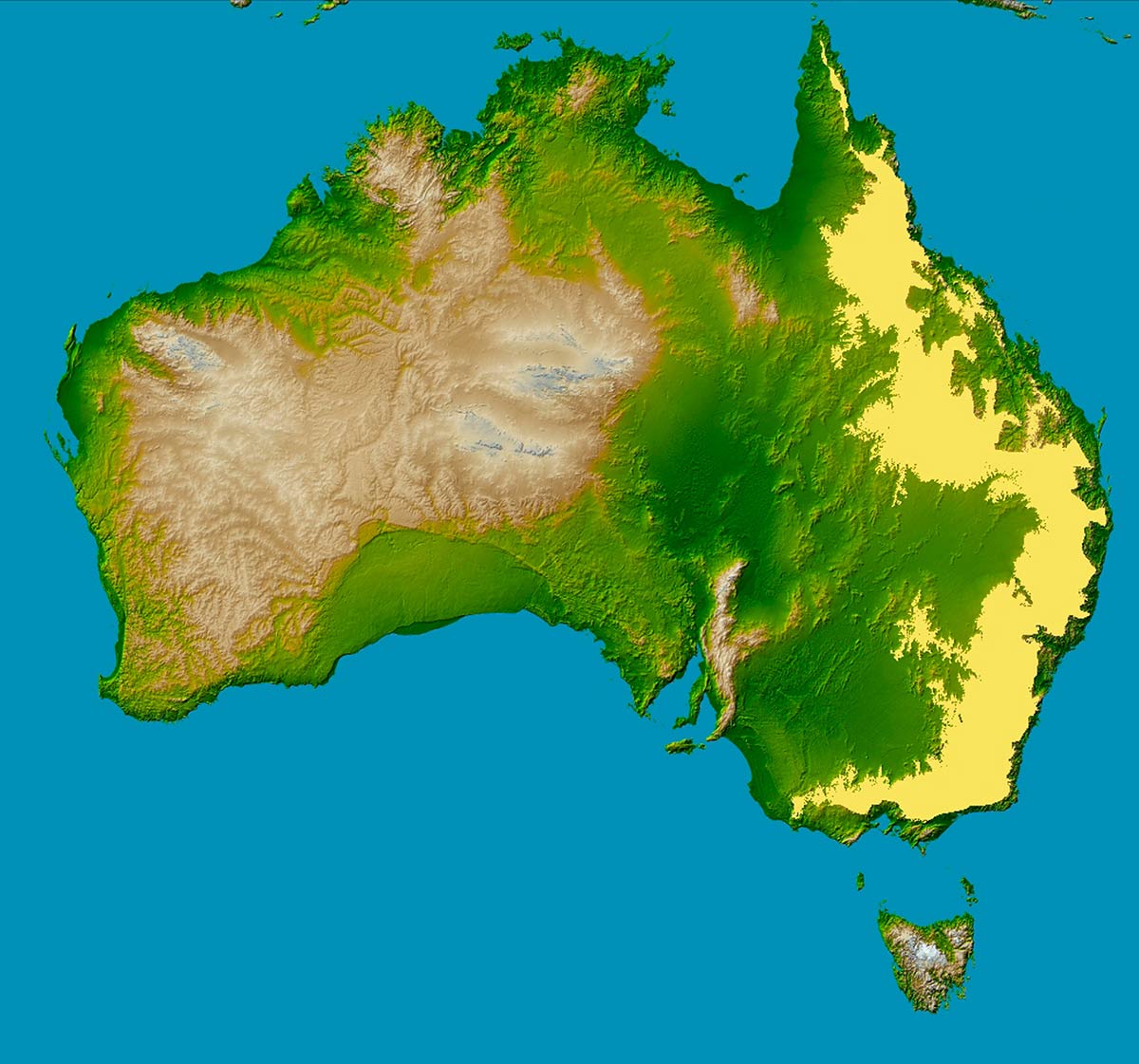Map of Australian showing the Great Dividing Range highlighted in yellow.