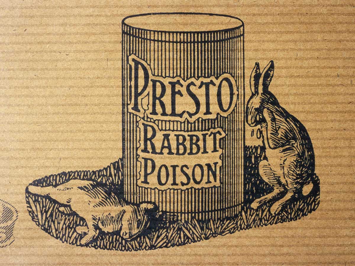 Illustration depicting a can printed with the text 'PRESTO RABBIT POISON' and two rabbits on either side, one lying dead and the other weeping.