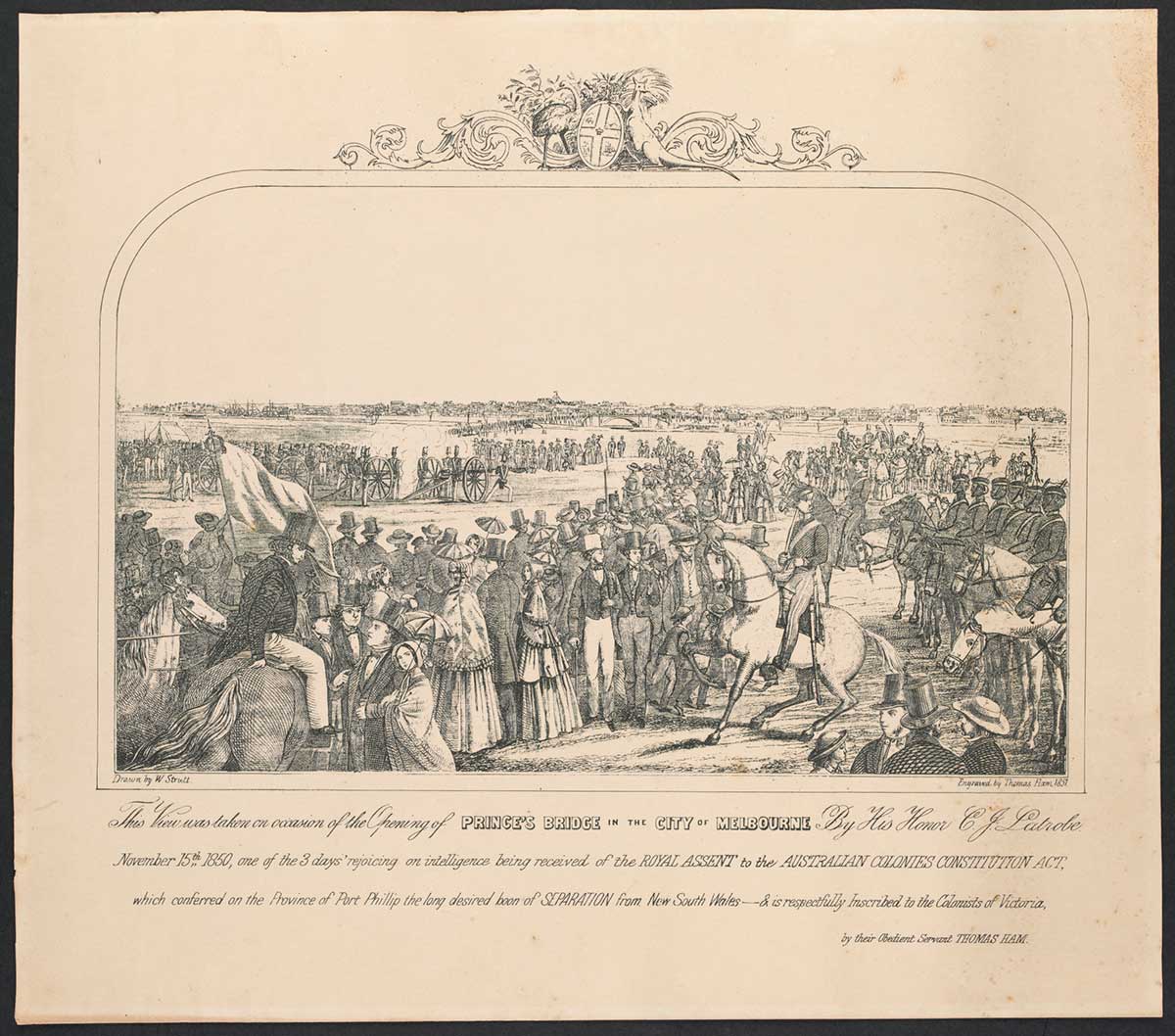 Back and white illustration depicting crowds of civilians and officers on horseback gathered for an official ceremony. In the distance is a bridge and town further beyond.
