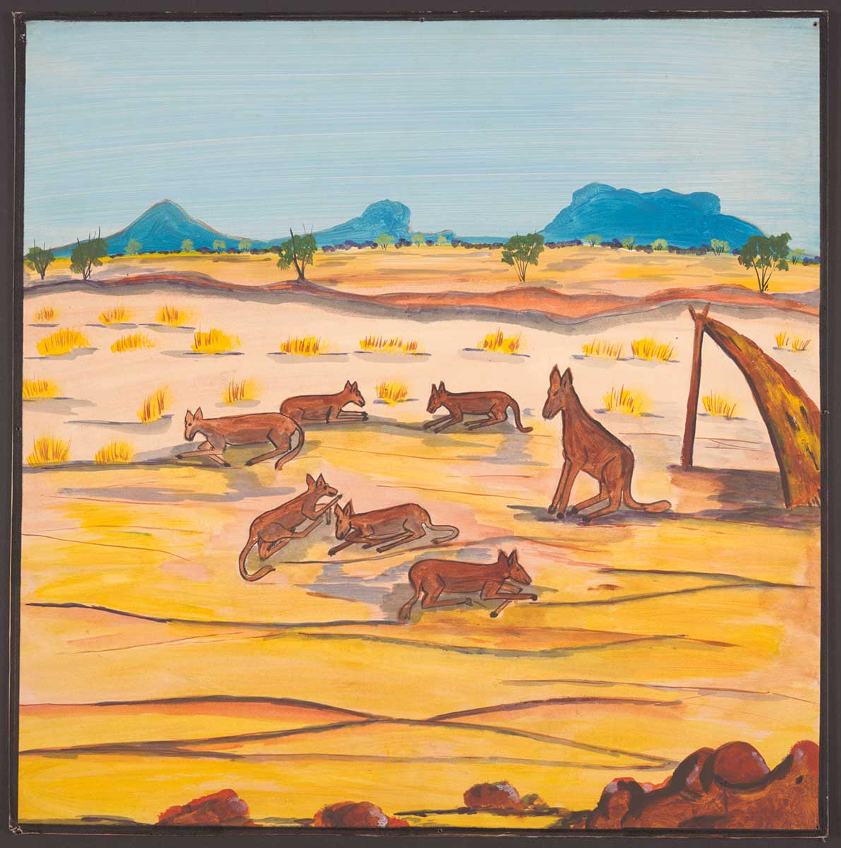 Coloured illustration of a desert landscape with one large sitting dingo and six others lying down, with a bark shelter close by.