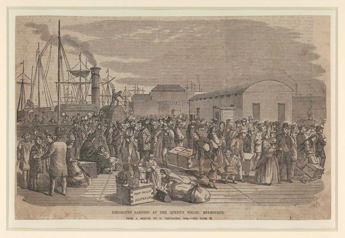 Drawing or print of a large crowd of people embarking or disembarking ships in a busy port.