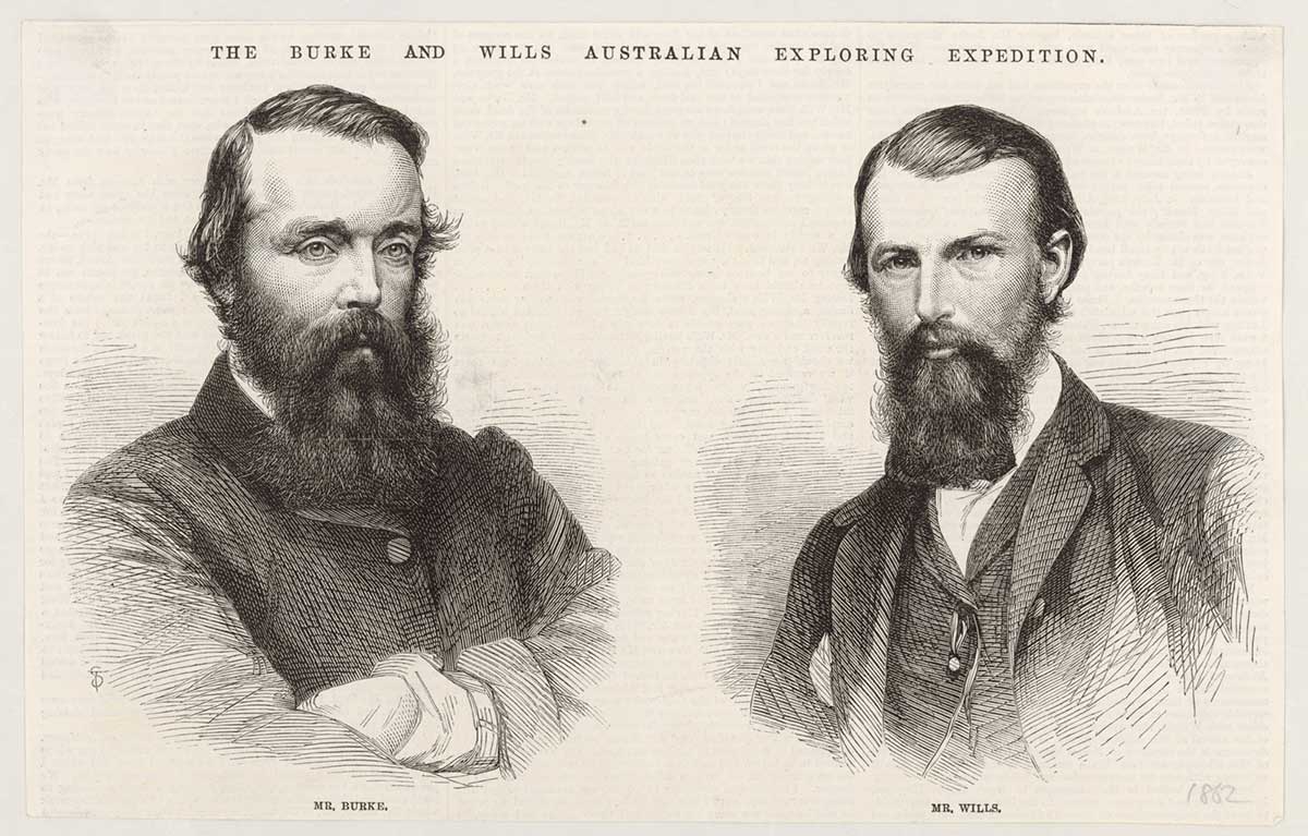Wood engraving portraits of Burke and Wills. Title reads ‘The Burke and Wills Australian Exploring Expedition’.
