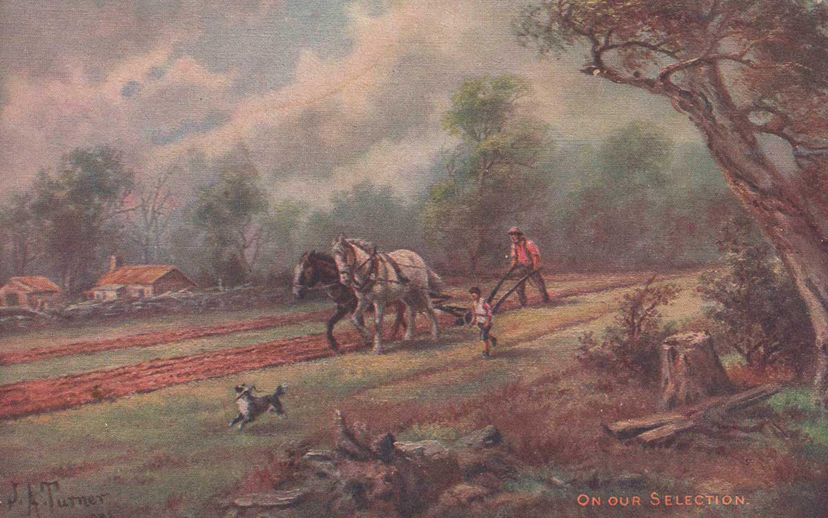 Colour postcard of a farmer working a field with two horses, and accompanied by a young child and dog. A farmstead can be seen in the beyond.