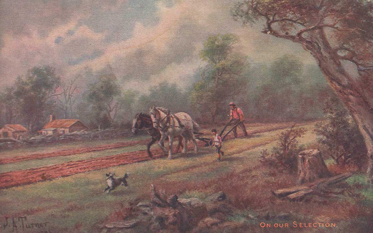 <p>Undated postcard featuring artwork <em>On our selection</em>, by James Alfred Turner</p>