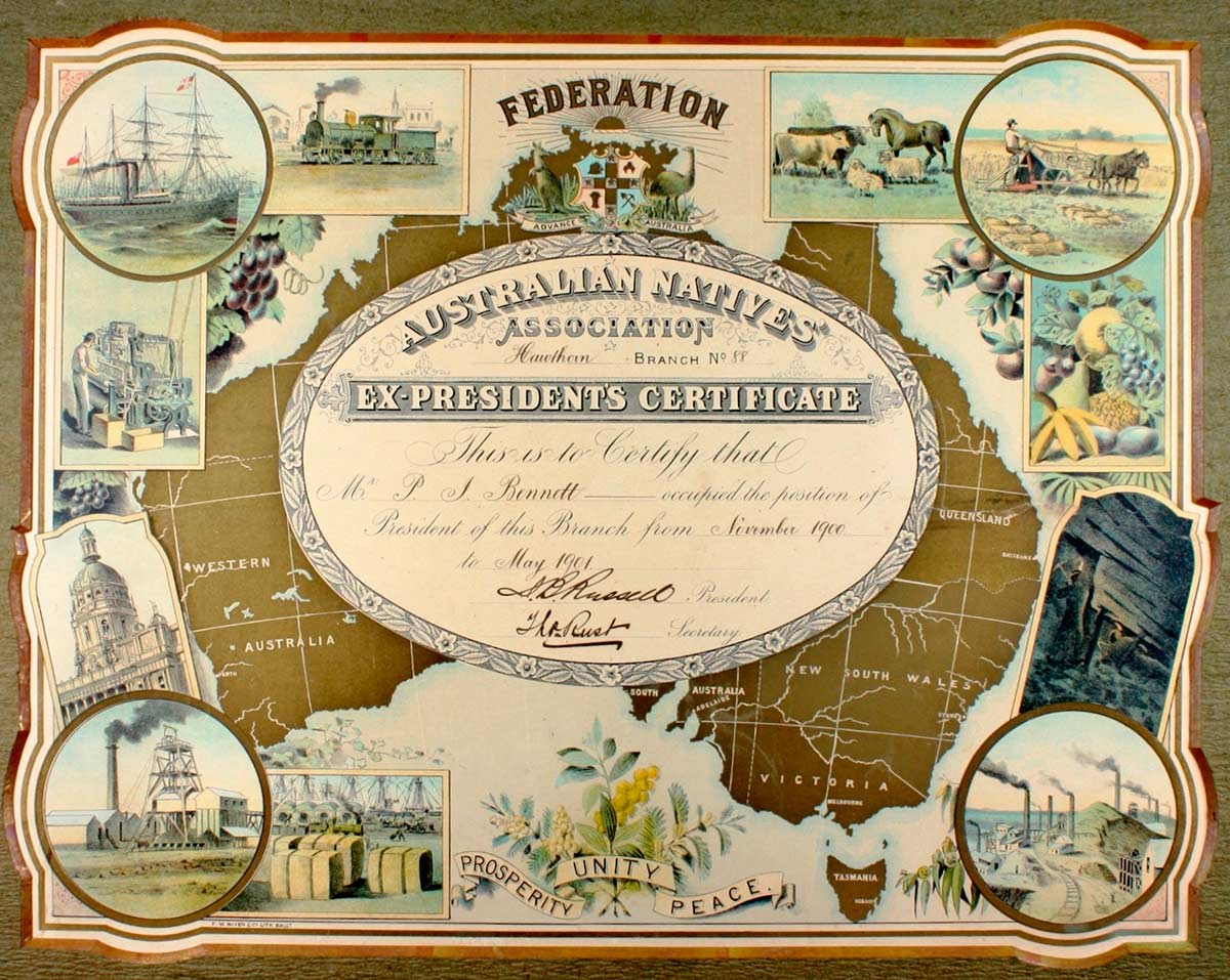 A certificate for the Australian Natives Association with a series of illustrations featuring scenes of industry against a background of a map of Australia.