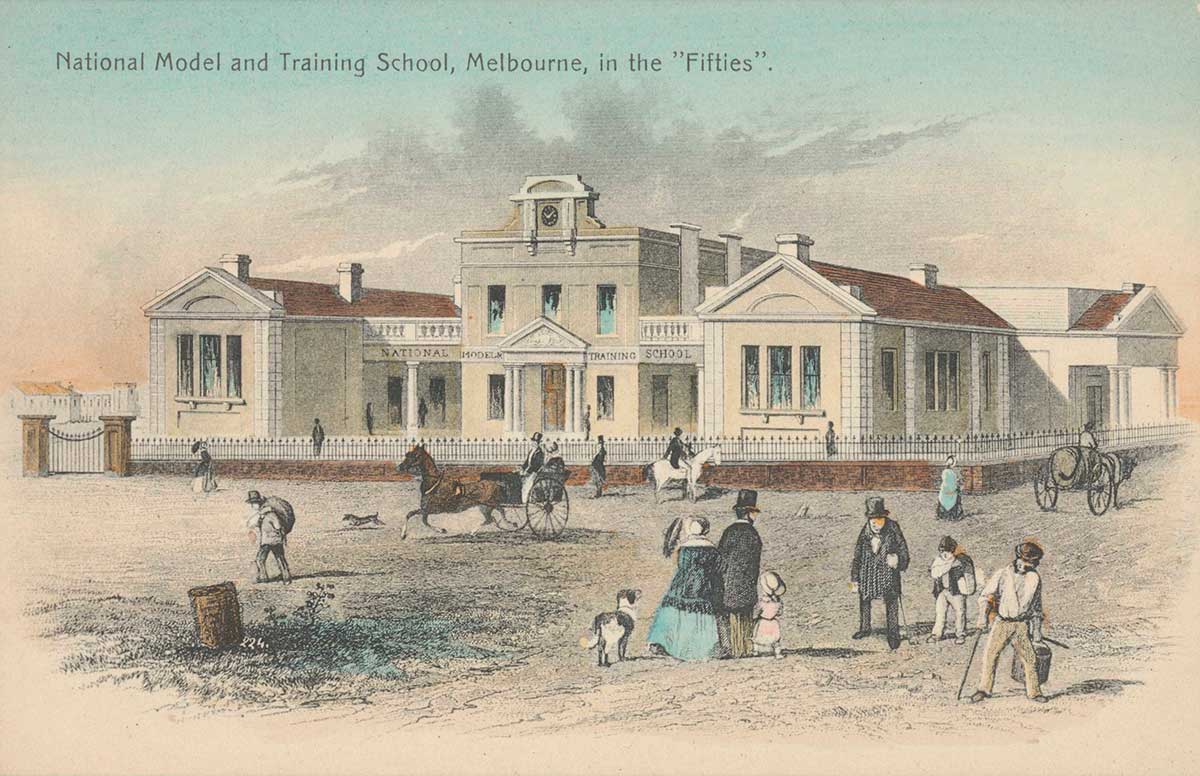 Postcard of a public building with a horse-drawn carriages and pedestrians in the street.