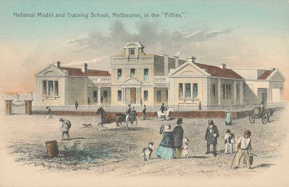 <p>Postcard featuring a drawing of the National Model and Training School, Melbourne</p>