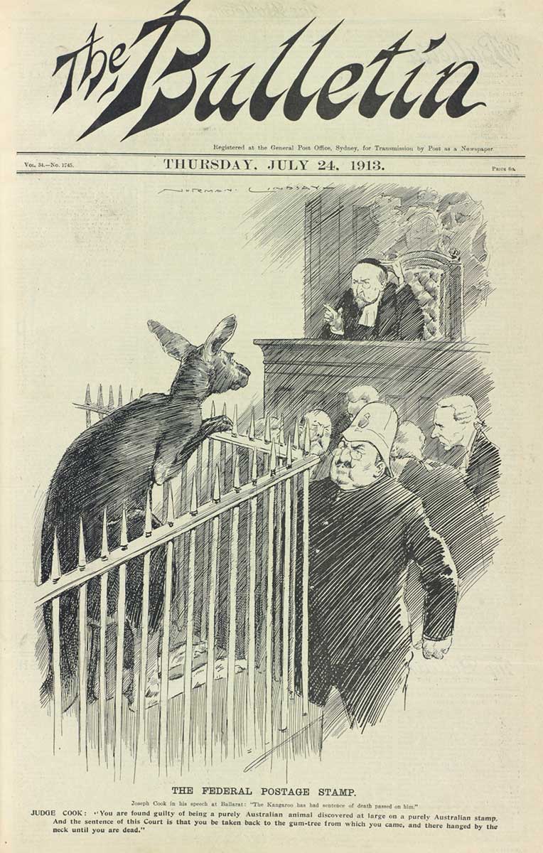Cover of <em>The Bulletin</em> from July 2024 1913 featuring an illustration of a kangaroo on trial in a courtroom.