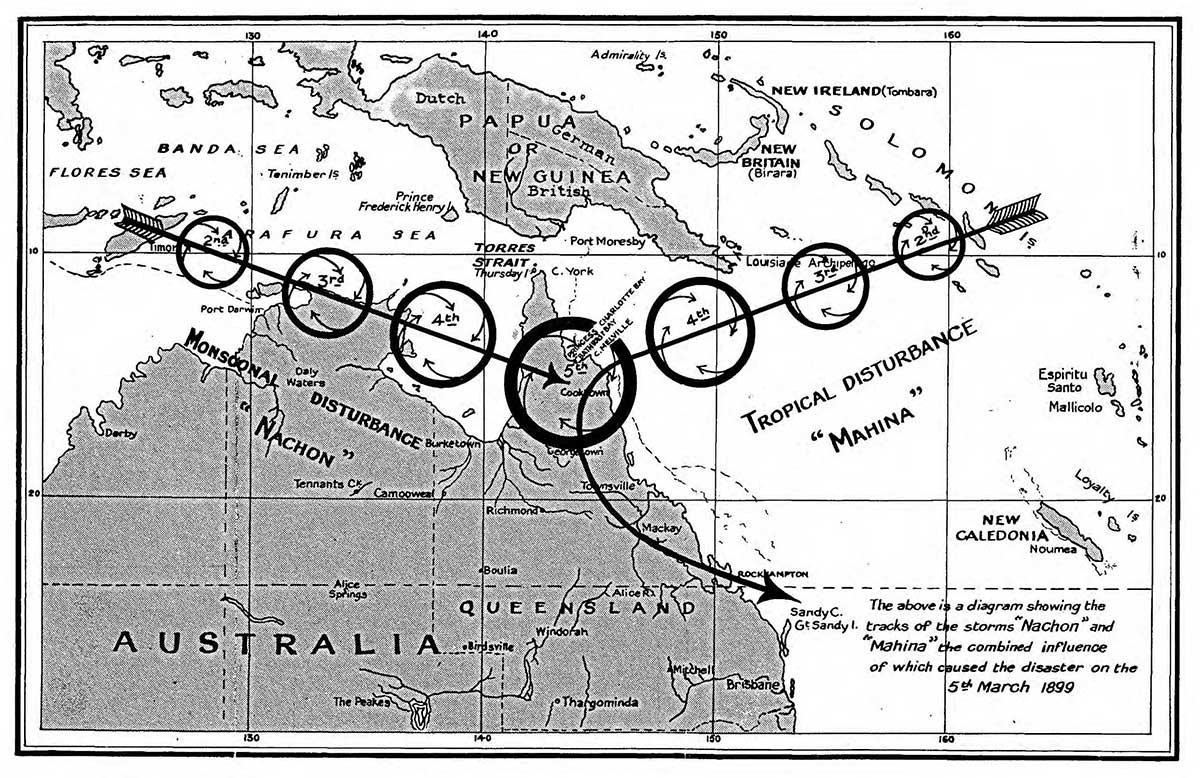 Map of upper Australia and Papua New Guinea demonstrating cyclone activity.
