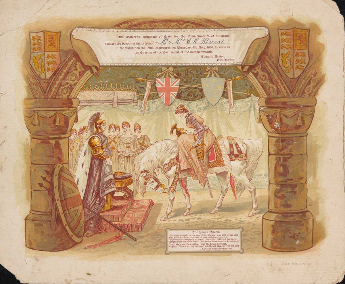 An invitation on board with an illustration of a woman on horseback bowing to a man dressed in ancient Roman robes and headdress. There are two shields in the background, one featuring the Union Jack and the other the Southern Cross. A group of people dressed in robes look on. There are blocks of text represented on a scroll and panel.