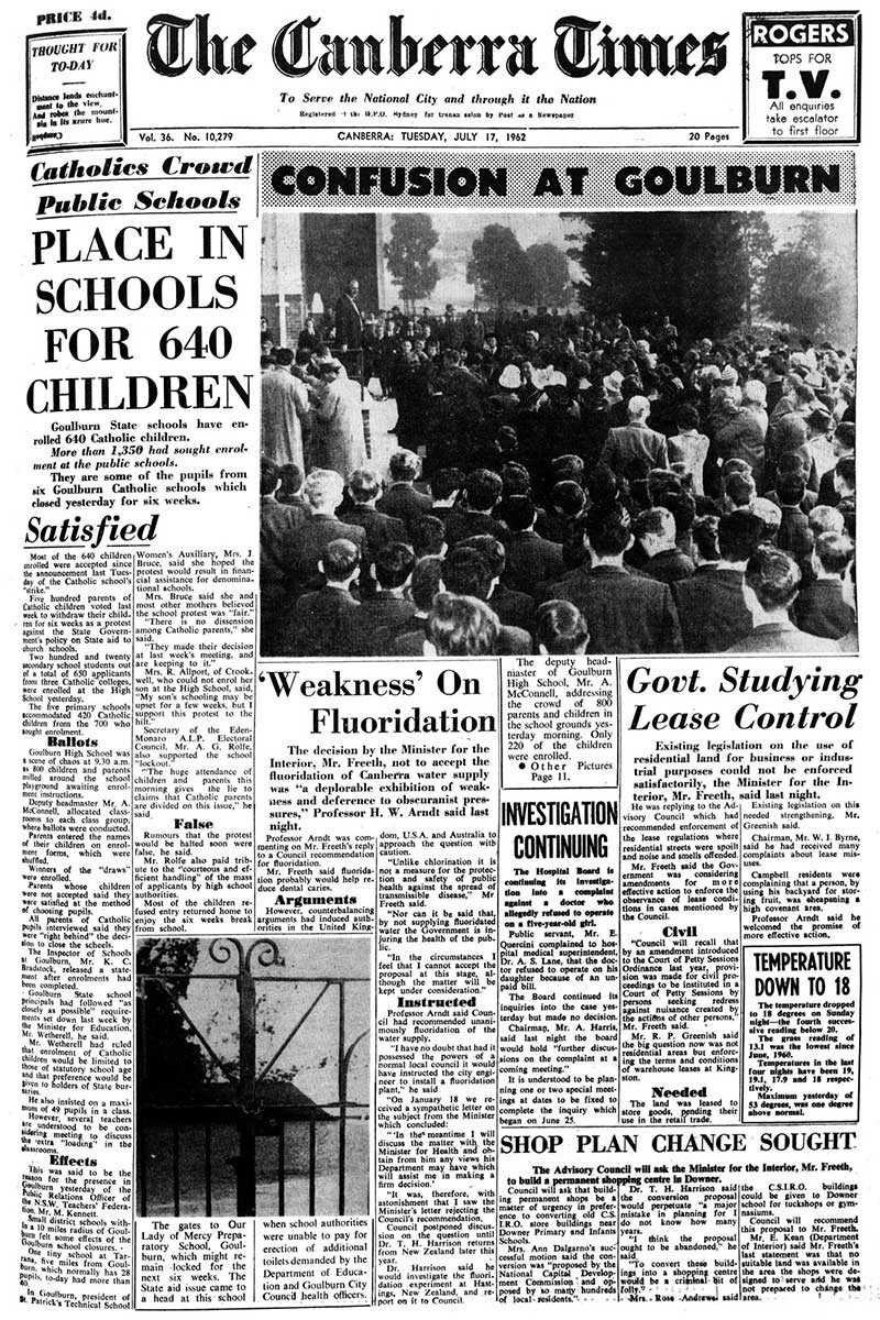 Front page of 'The Canberra Times' newspaper featuring a main headline on the Goulburn school strike.