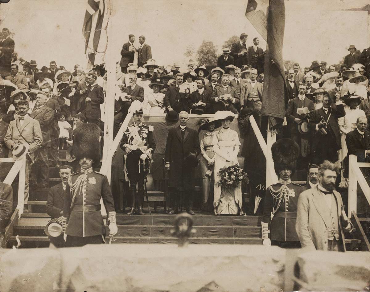 <p>Governor-General Lord Denman and Lady Denman, Minister for Home Affairs King O’Malley and Prime Minister Andrew Fisher at the official ceremony on Capital Hill to mark the commencement of work on Canberra, 12 March 1913</p>
