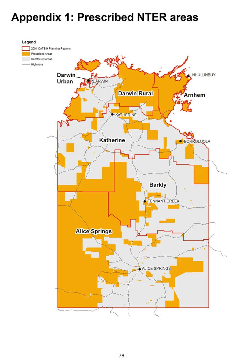 Map of Darwin, Australia, showing ‘prescribed’ areas, where intervention activities took place in response to allegations about violence and abuse of children in some remote Aboriginal and Torres Strait Islander communities in the Northern Territory.