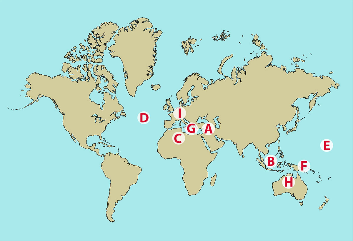 Map of the world labelled with letters A-I.