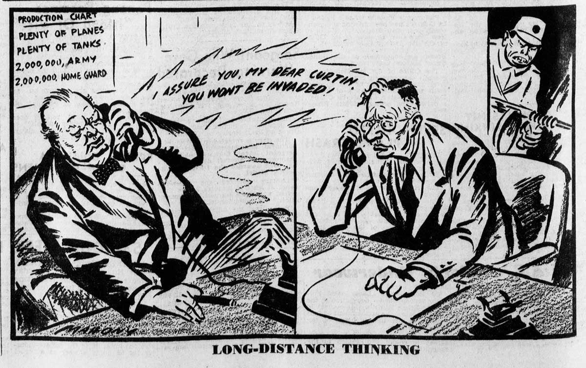 Cartoon of a burly man in a suit talking to Prime Minister John Curtin via telephone assuring him that he won’t be invaded.
