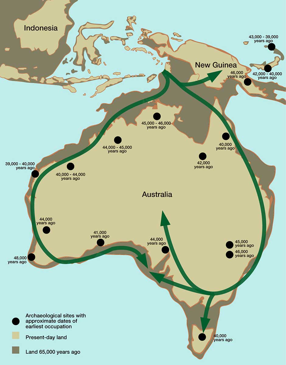 <p>Map showing archaeological data and the likely migration routes of people around Australia</p>
