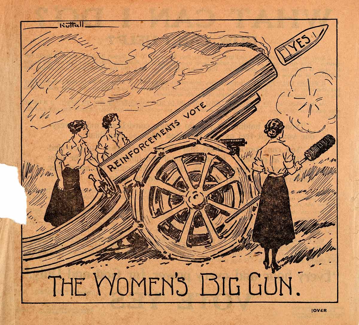 Illustration of three women standing at the base of a giant smoking gun barrel. The words ‘REINFORECEMENTS VOTE’ are printed on the side of the barrel, and ‘YES’ on bullet tip which has just been fired.
