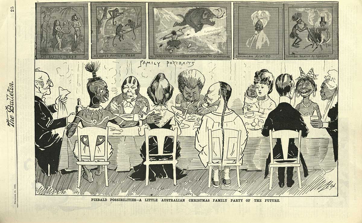 An illustration featuring a group of people of varying ethnic backgrounds seated around a dining table.