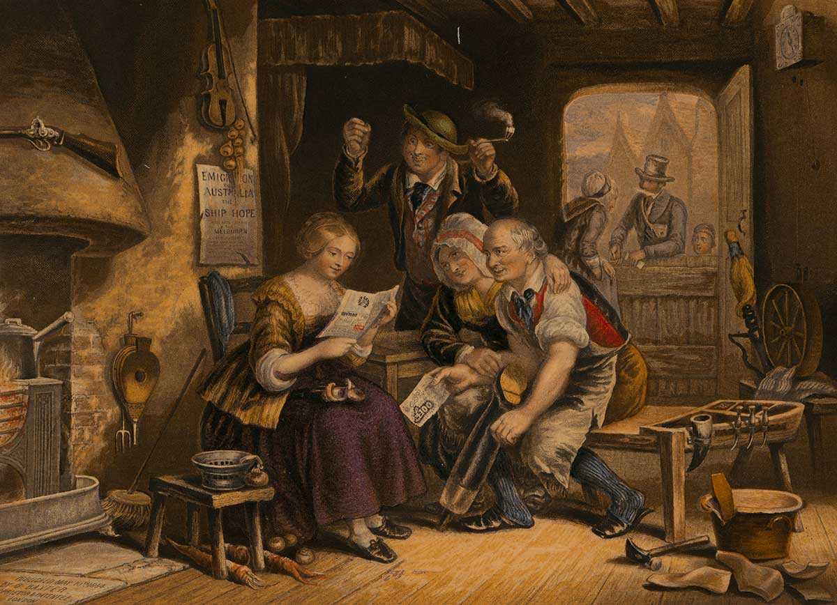 Painting of a woman holding a newspaper as three other people gather around her watching and listening intently. They are dressed in 19th century clothing and a printed piece of paper with the title ‘EMIGRATION TO AUSTRALIA. THE SHIP HOPE’ hangs on the wall.