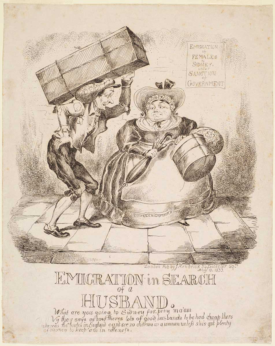 Illustration of a rotund woman dressed in travelling attire adjacent to a slim man carrying a travel case. Below is text that reads ‘EMIGRATION IN SEARCH OF A HUSBAND’.