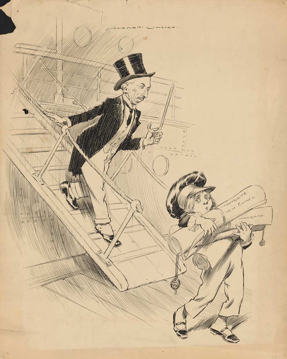 Cartoon of Billy Hughes returning to Australia laden with concessions from the Paris Peace Conference, by Norman Lindsay, 1919.
