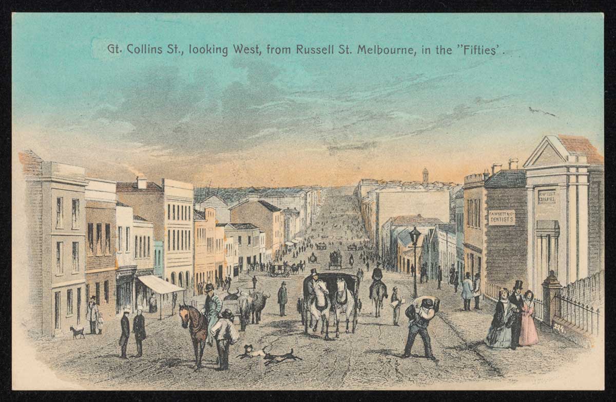 Postcard of a street in a large town or city with horse-drawn carriages and pedestrians.